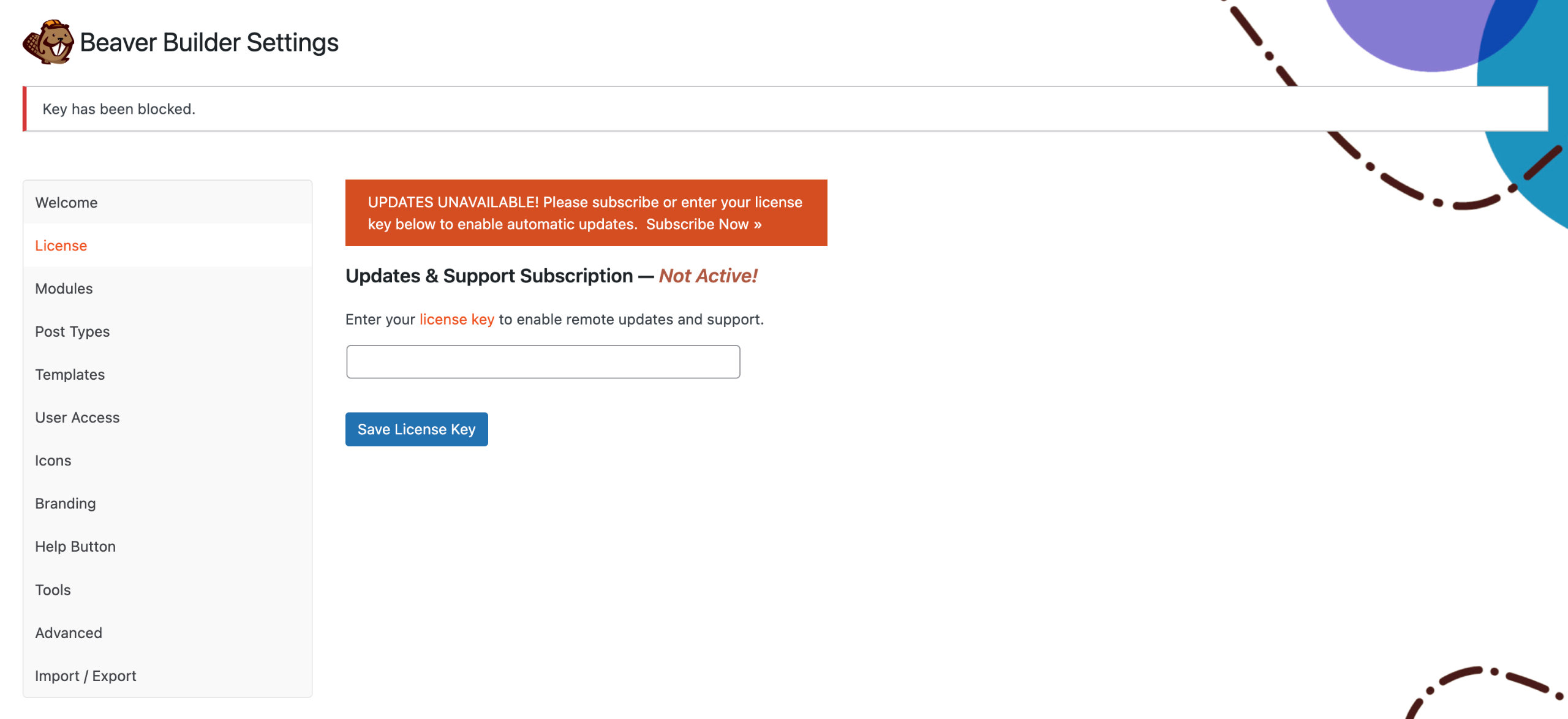 WordPress Admin Dashboard license key blocked message