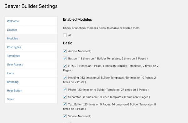 Screenshot of the Modules tab in Beaver Builder settings showing which modules are in use