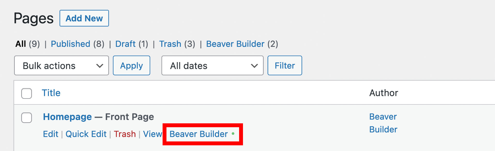 Launch Beaver Builder from the WordPress all pages list