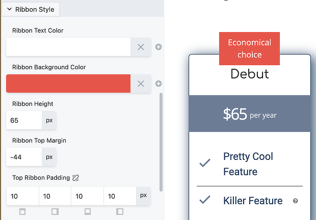Screenshot of ribbon style settings, individual pricing box