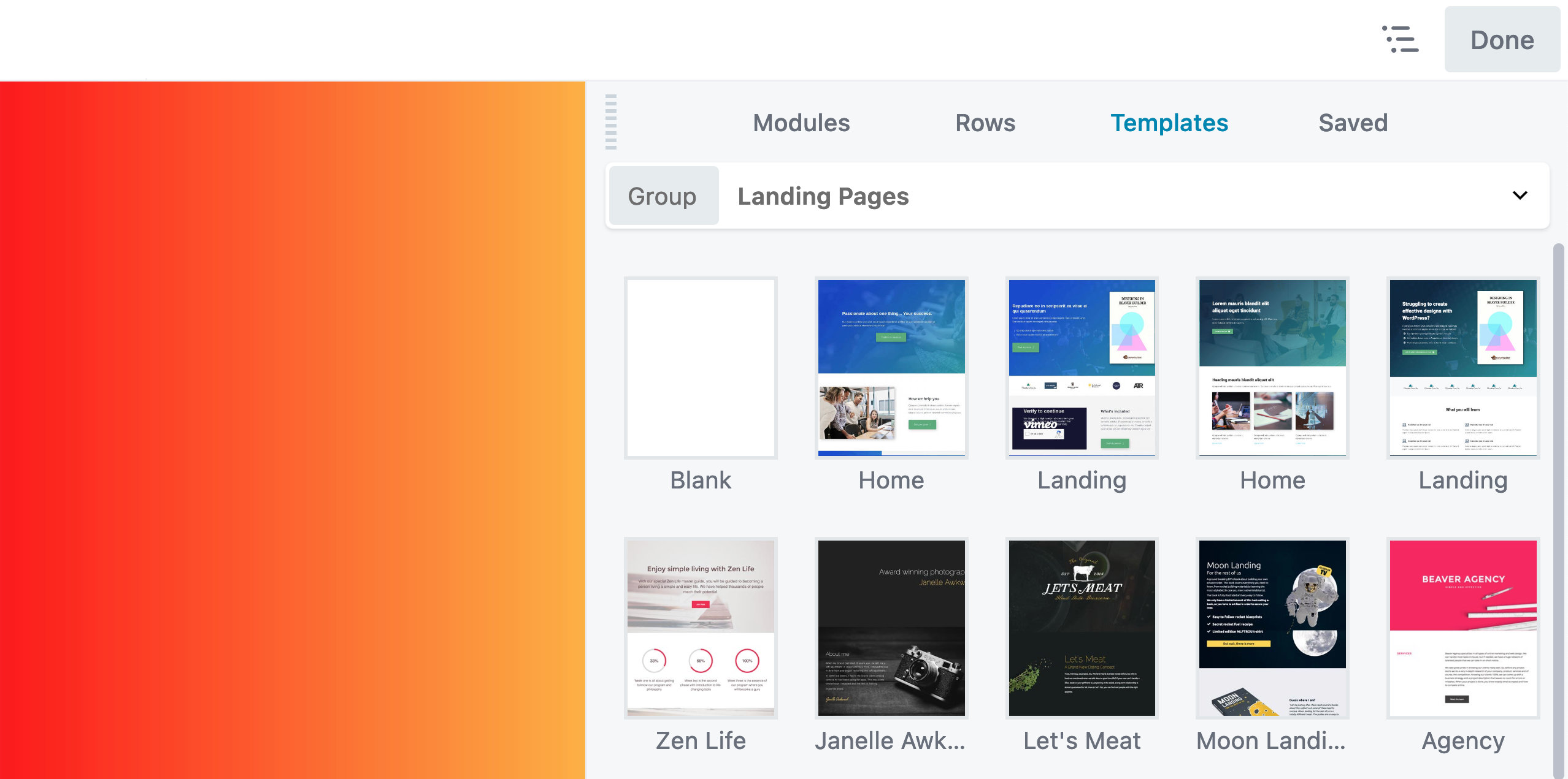 Landing page templates in the Beaver Builder user interface