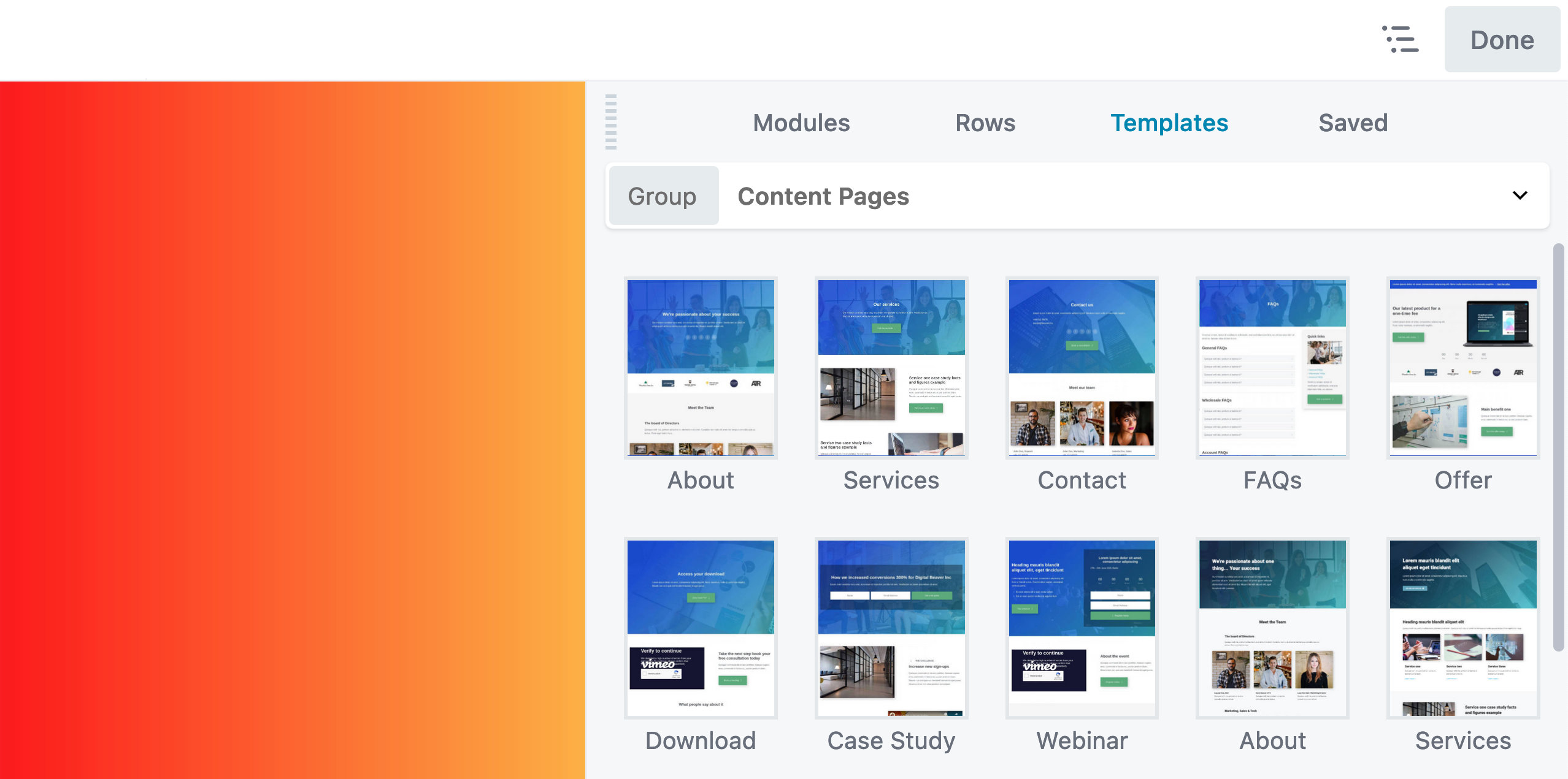 Content page templates in the Beaver Builder user interface
