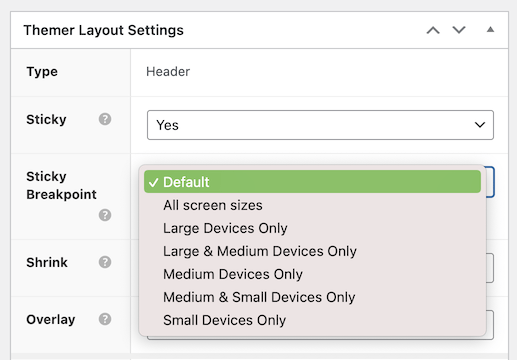 Header Themer layout, Sticky Breakpoint setting