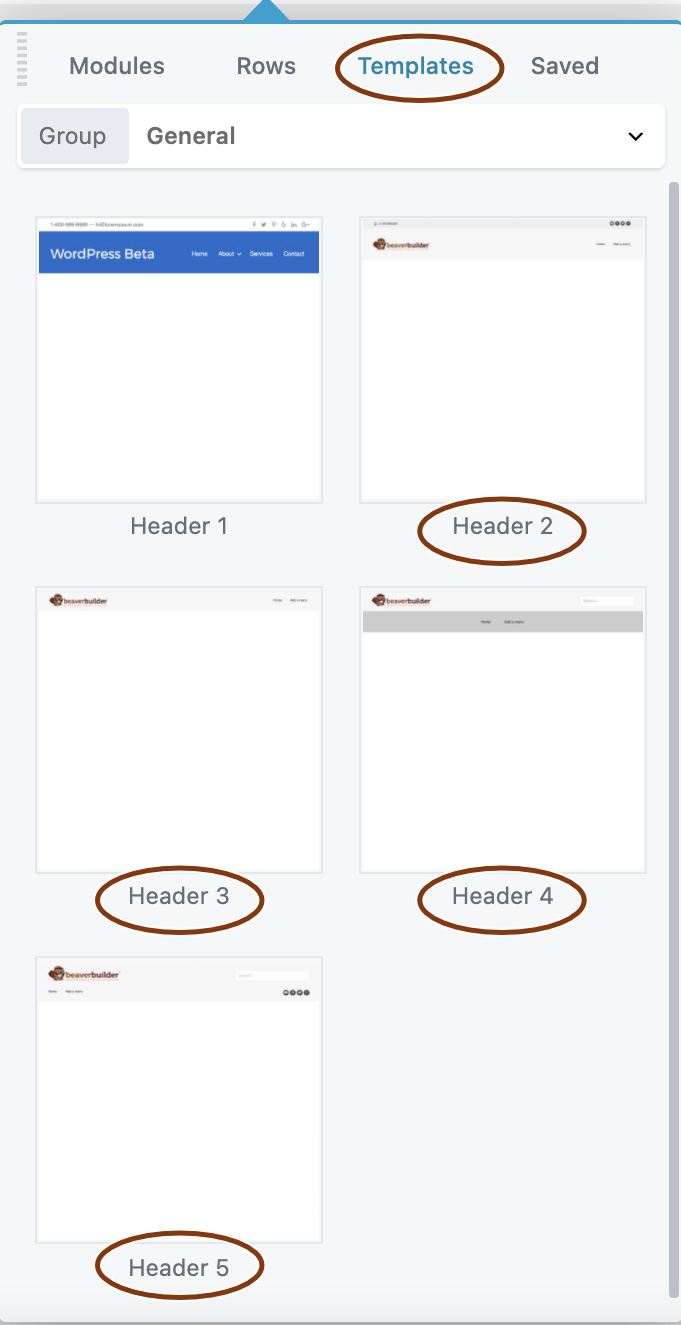 Header Themer layout templates in the Content panel